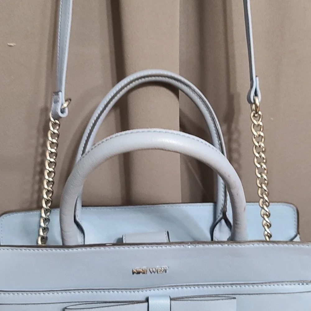 Nine‎ West Purse Faux Blue Leather 3 Compartments Handles/Strap 13x11